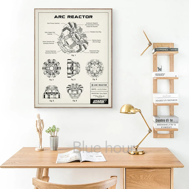 Arc Reactor Blueprint Art Canvas Painting Vintage Patent Sci-fi Movies Posters Fan Gifts Man Cave Wall Prints Boys Room Decor