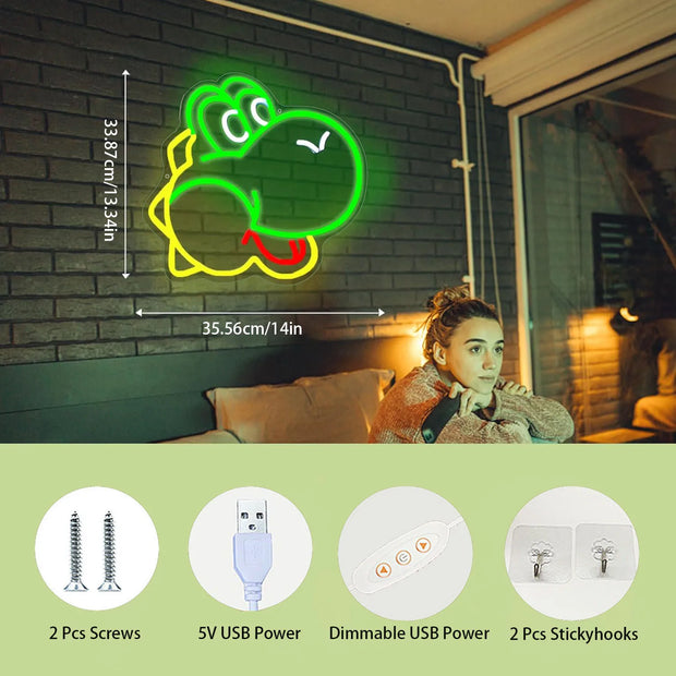 NGreen Led Animated Dinosaur Neon Signs Wall Decor USB Light Signs Bedroom Game Room Game Controller Light Decor Kids Teen Gifts